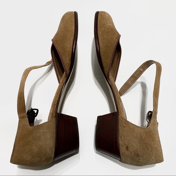 VINTAGE BEENE BAG CAMEL SUEDE ANKLE STRAP CHUNKY HEEL SHOES - Picture 9 of 13